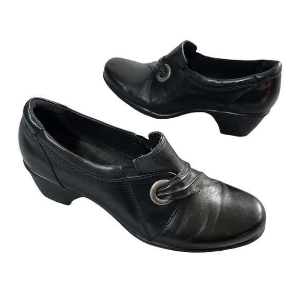 Clarks Bendables Black Leather Slip On Shooties Comfy Business Casual WIDE - Picture 1 of 11